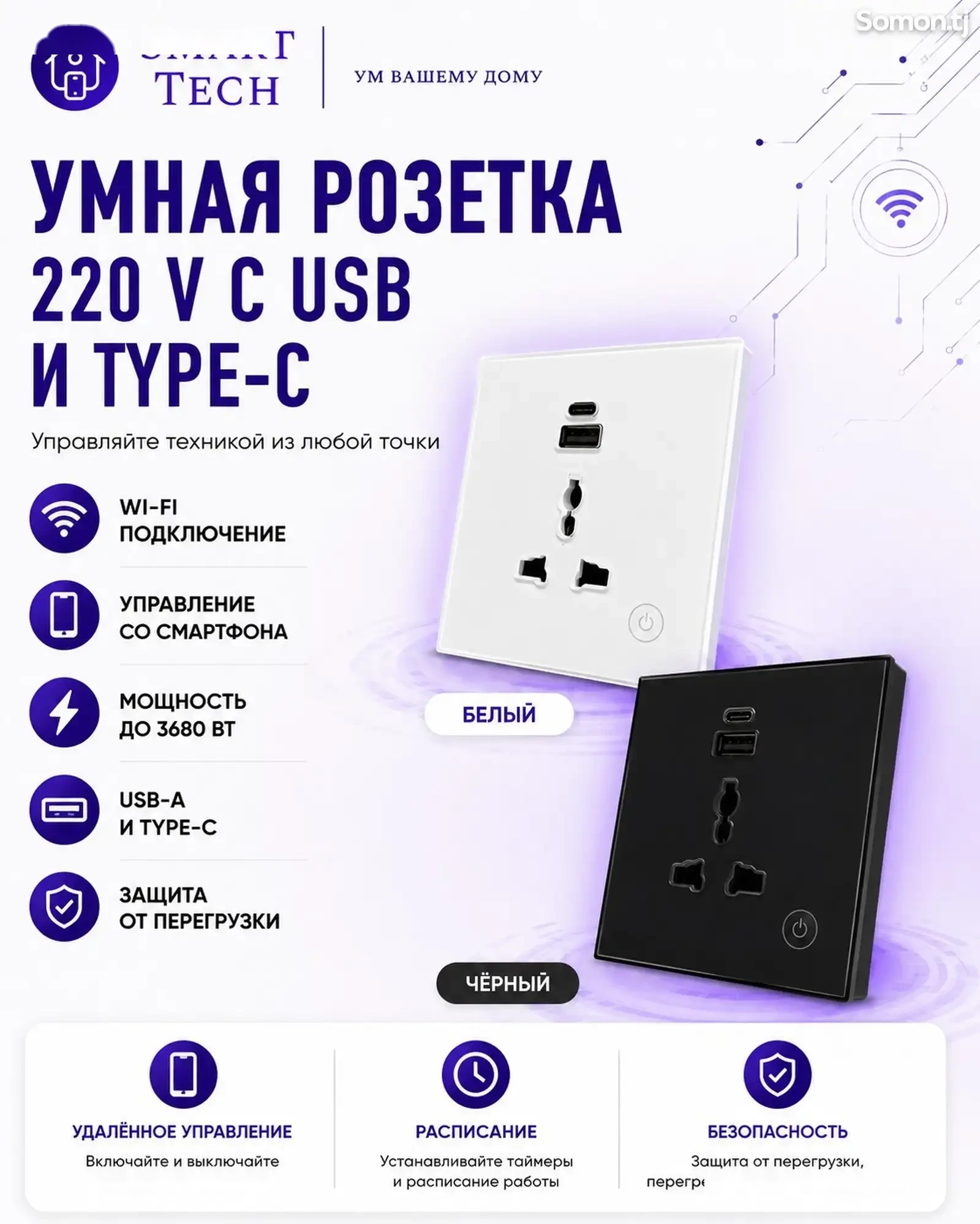 Умная розетка 220 V с USB и Type C, zigbee