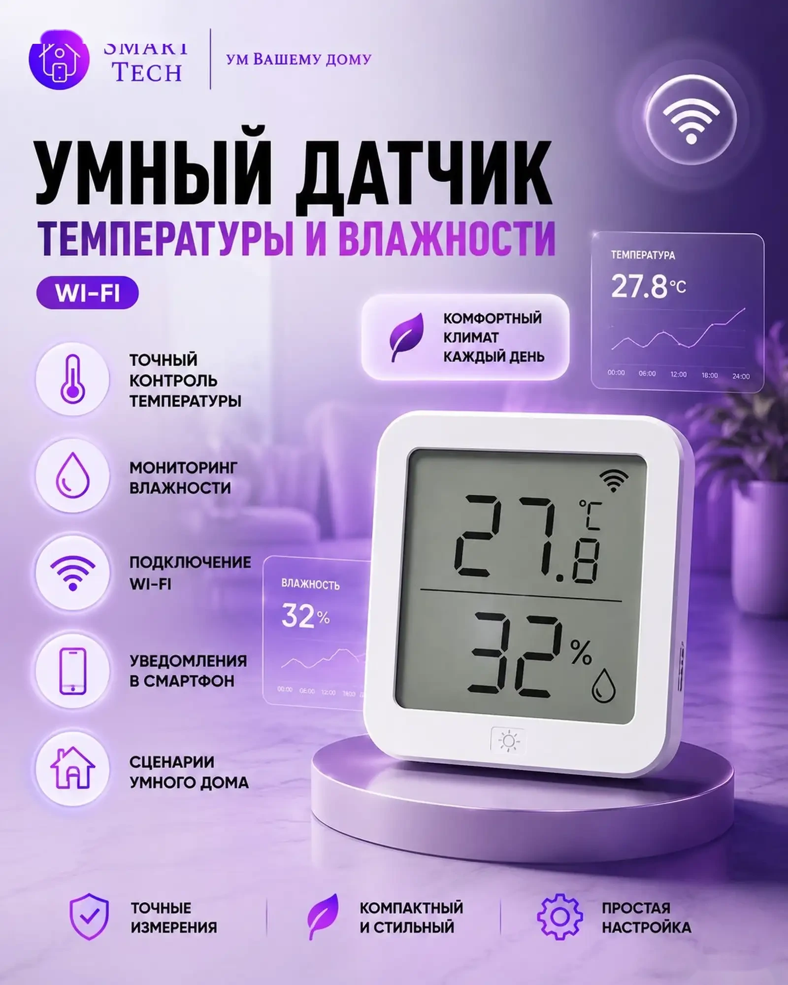Умный датчик температуры и влажности Wi-Fi