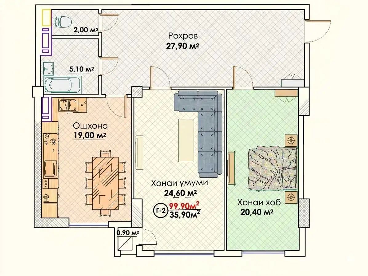 2-к квартира, 5 этаж, 100 м², И.Сомонӣ