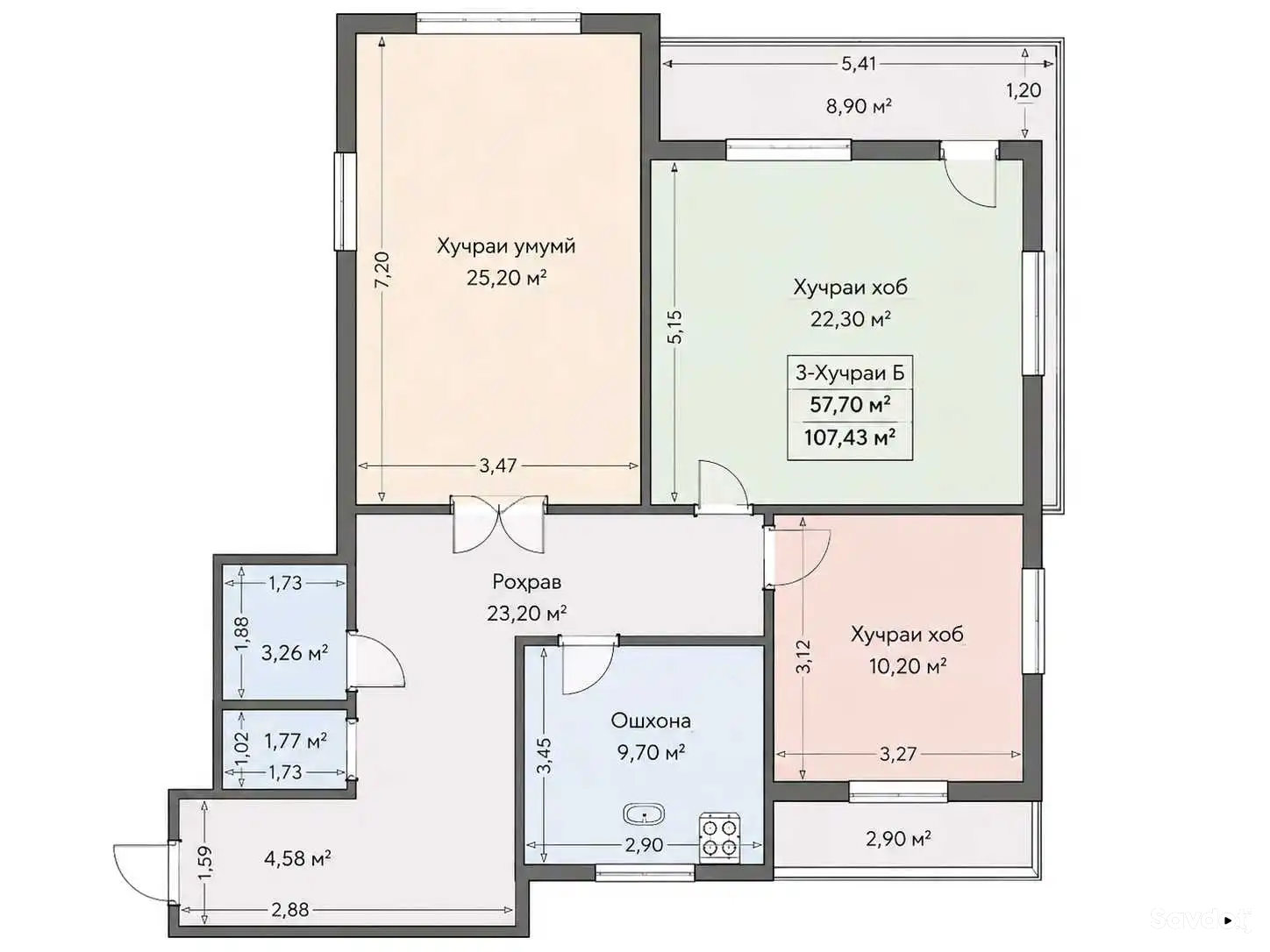 3-к квартира, 4 этаж, 107 м², Шоҳмансур