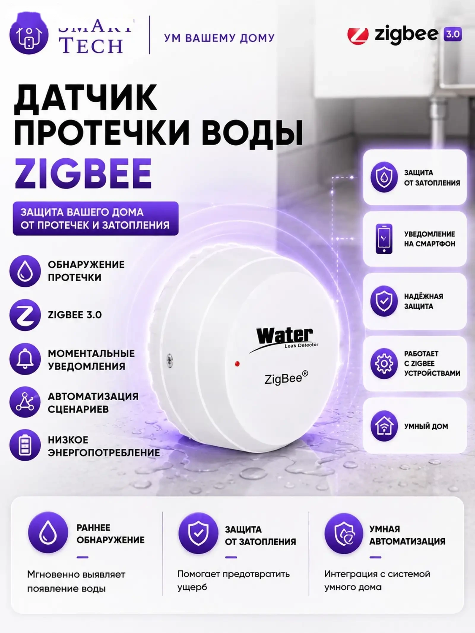 Умный беспроводной датчик протечки воды ZigBee