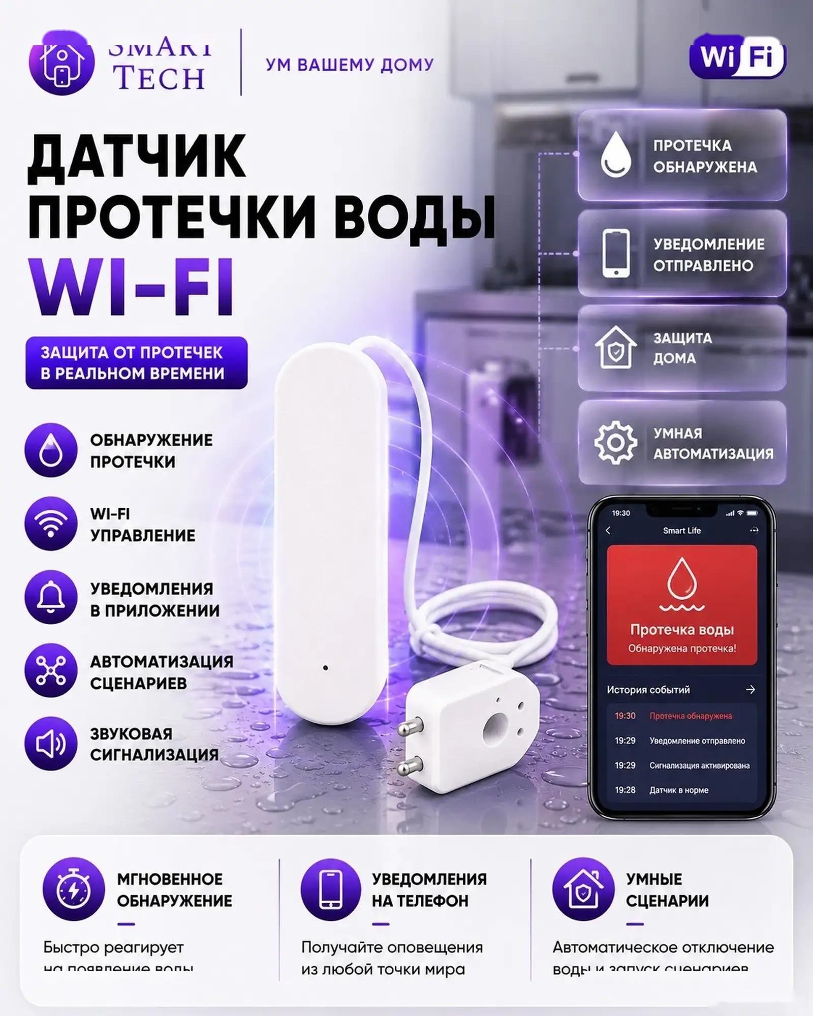 Умный датчик протечки воды Tuya Wi-Fi