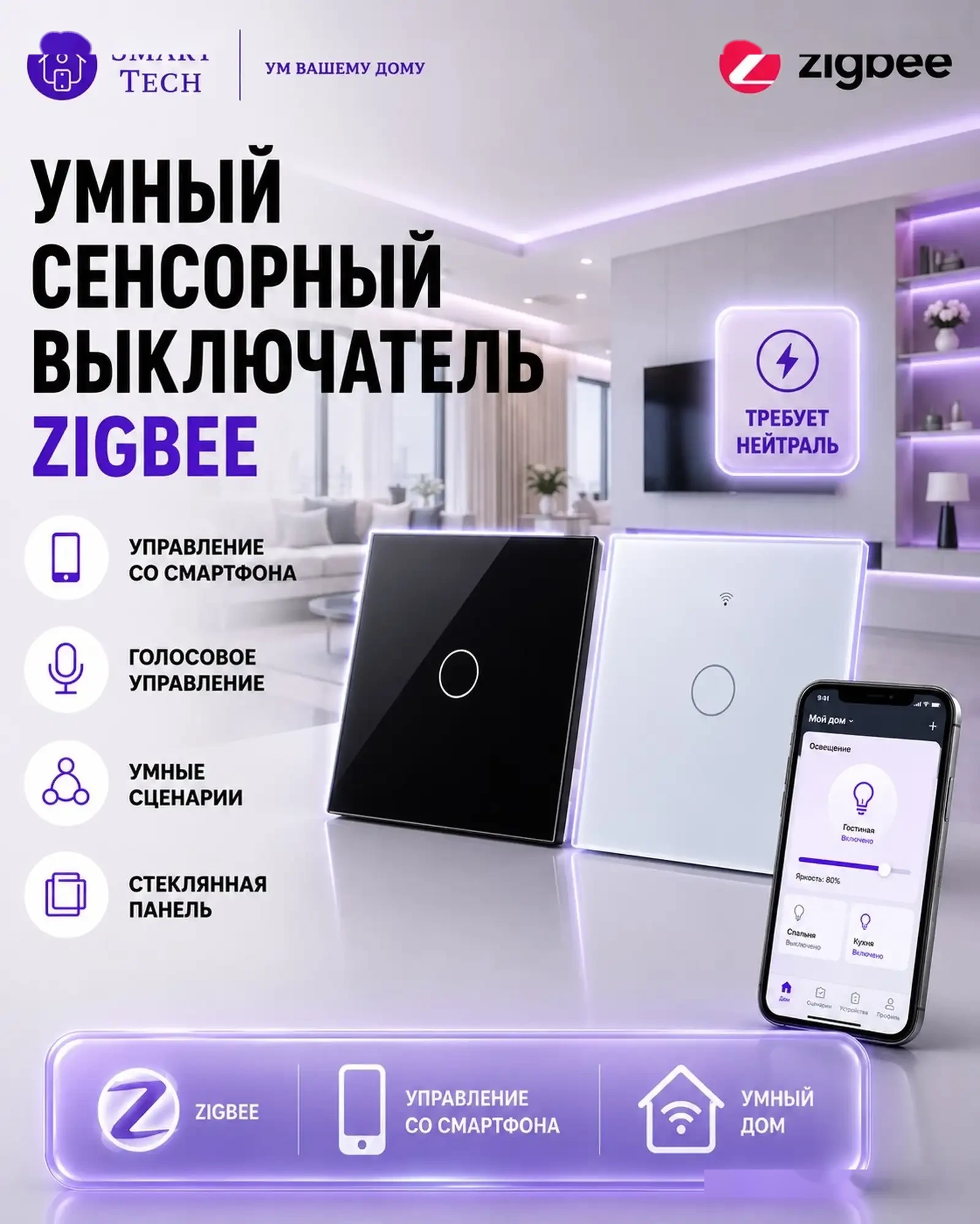 Умный сенсорный выключатель Zigbee