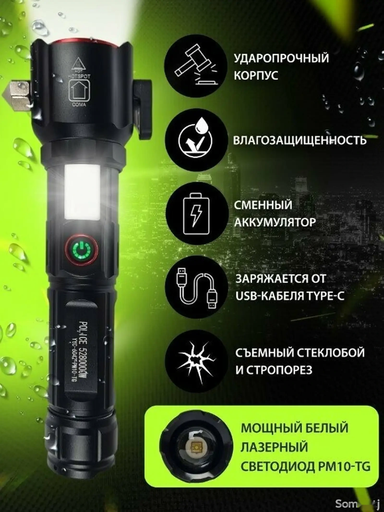 Многофункциональный мощный светодиодный фонарик с USB-зарядкой, COB-светодиодом