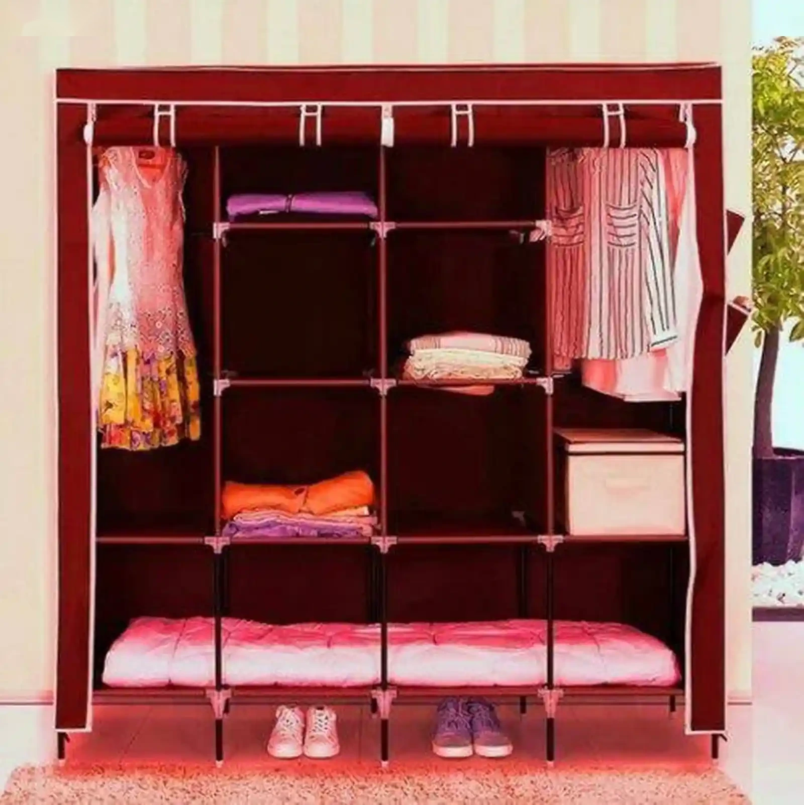 Складной шкаф Каркасный Тканевый Storage Wardrobe для одежды, бордовый