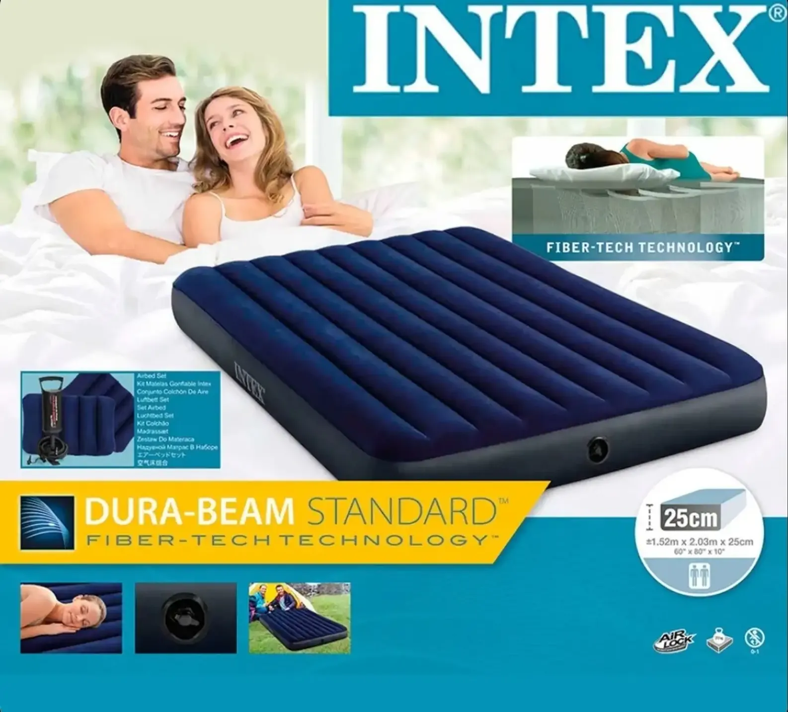 Матрас надувной для сна 152х203х25см + 2подушки + насос Intex
