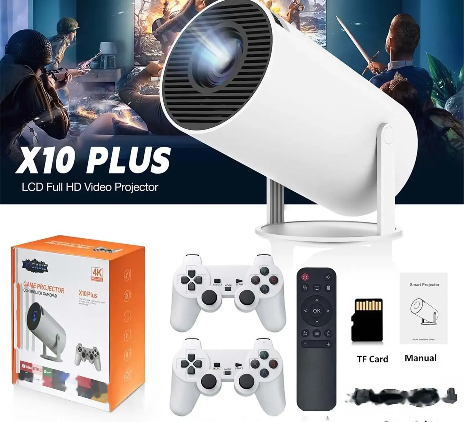 Смарт проектор - игровая консоль с джойстиками X10 Plus 4K