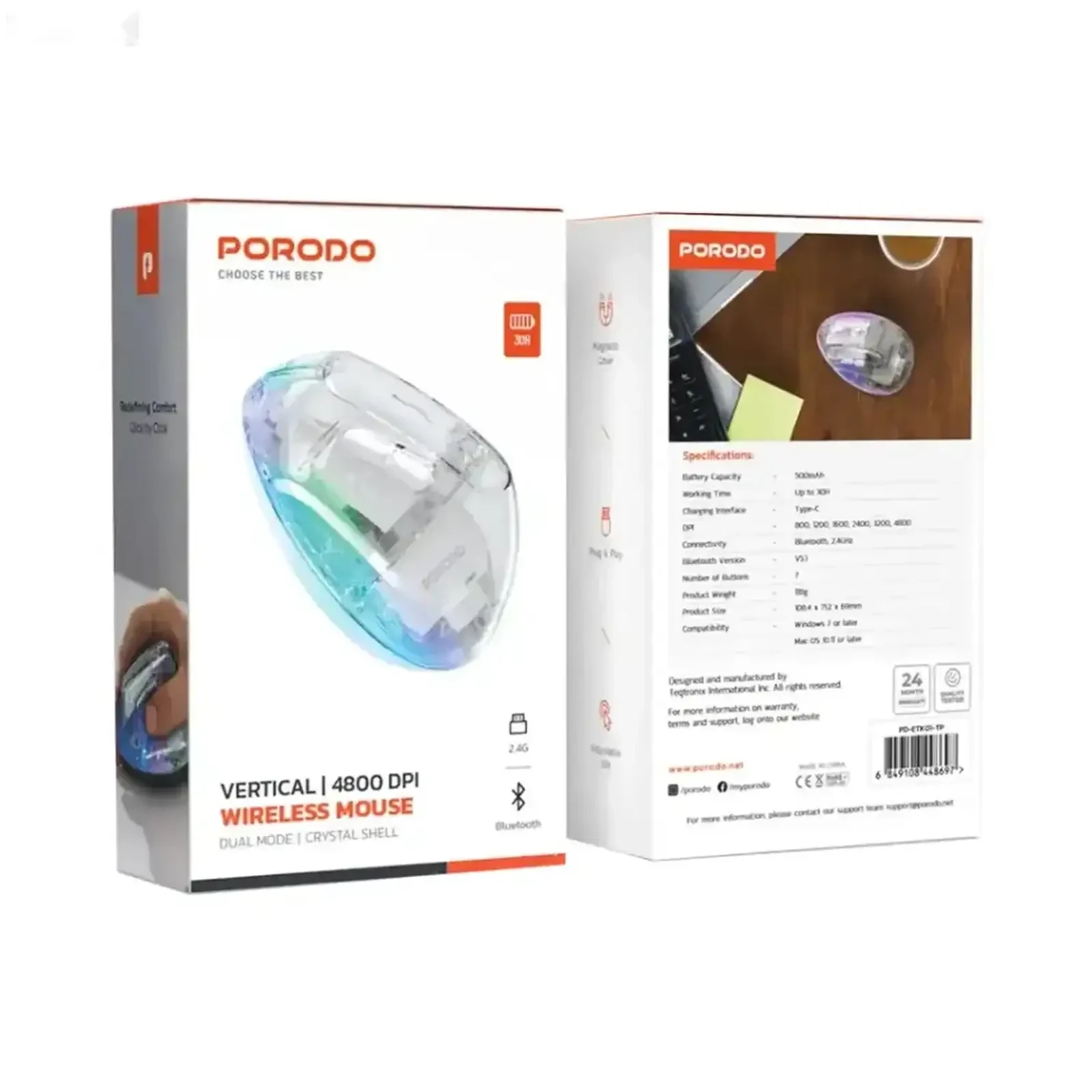 Мышь Porodo Vertical 4800 DPI Wireless Mouse Transparent — фото 2