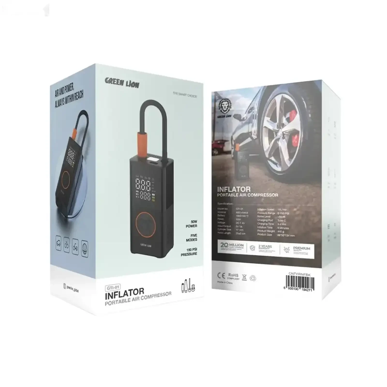 Портативный воздушный компрессор чёрный Green Lion GTI-01 Inflator Portable Air — фото 3