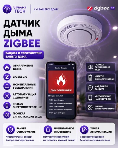 Умный датчик дыма ZigBee