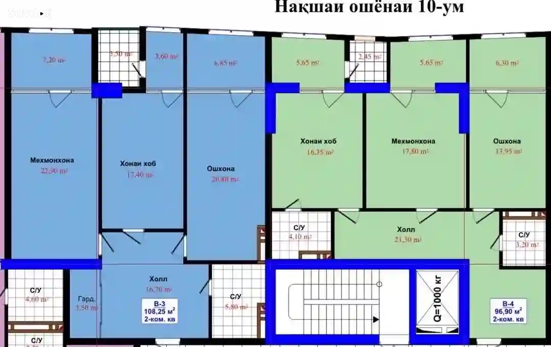 2-к квартира, 10 этаж, 97 м², главный ёвар
