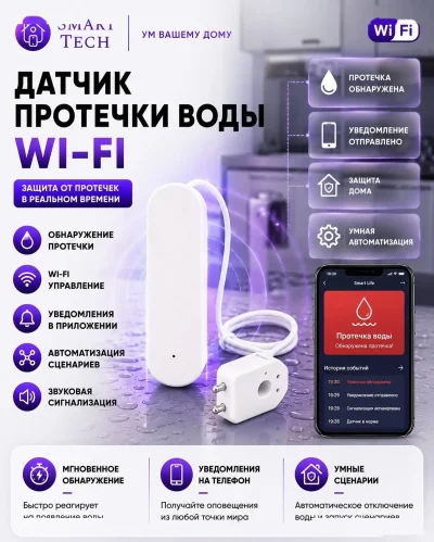 Умный датчик протечки воды Tuya Wi-Fi