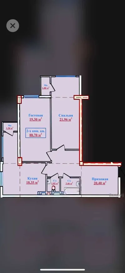 2-комн. квартира, 3 этаж, 89 м², Исмоили Сомони, Воданасос-Bokhtar City — миниатюра 3