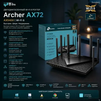 Wi-Fi роутер TP-Link Archer AX72 AX5400 Wi-Fi 6 Gigabit Dual-Band