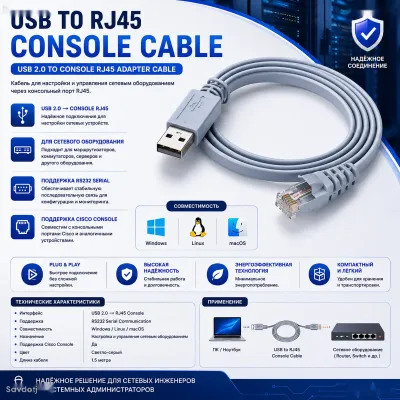 Консольный кабель USB to RJ45 для Cisco Router и Switch
