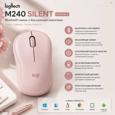 Беспроводная мышь Logitech M240 Silent Bluetooth Mouse Rose