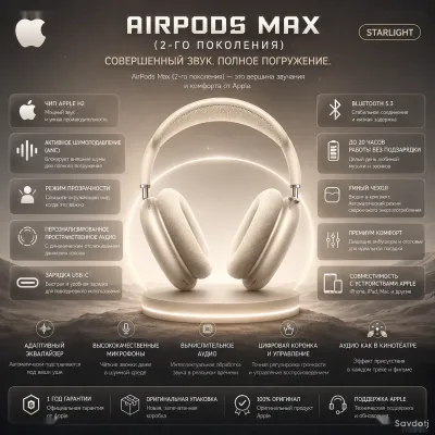 Наушники Apple AirPods Max, 2-го поколения, Wireless Over-Ear USB-C Starlight