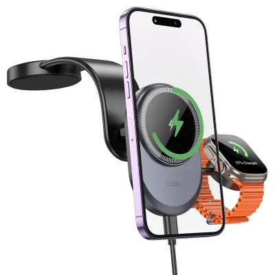 Автомобильный держатель с беспроводной зарядкой Hoco HW28 MagSafe + зарядка для iWatch, черный