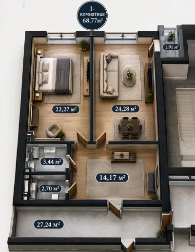 1-комн. квартира, 8 этаж, 69 м², Шохмансур — миниатюра 6