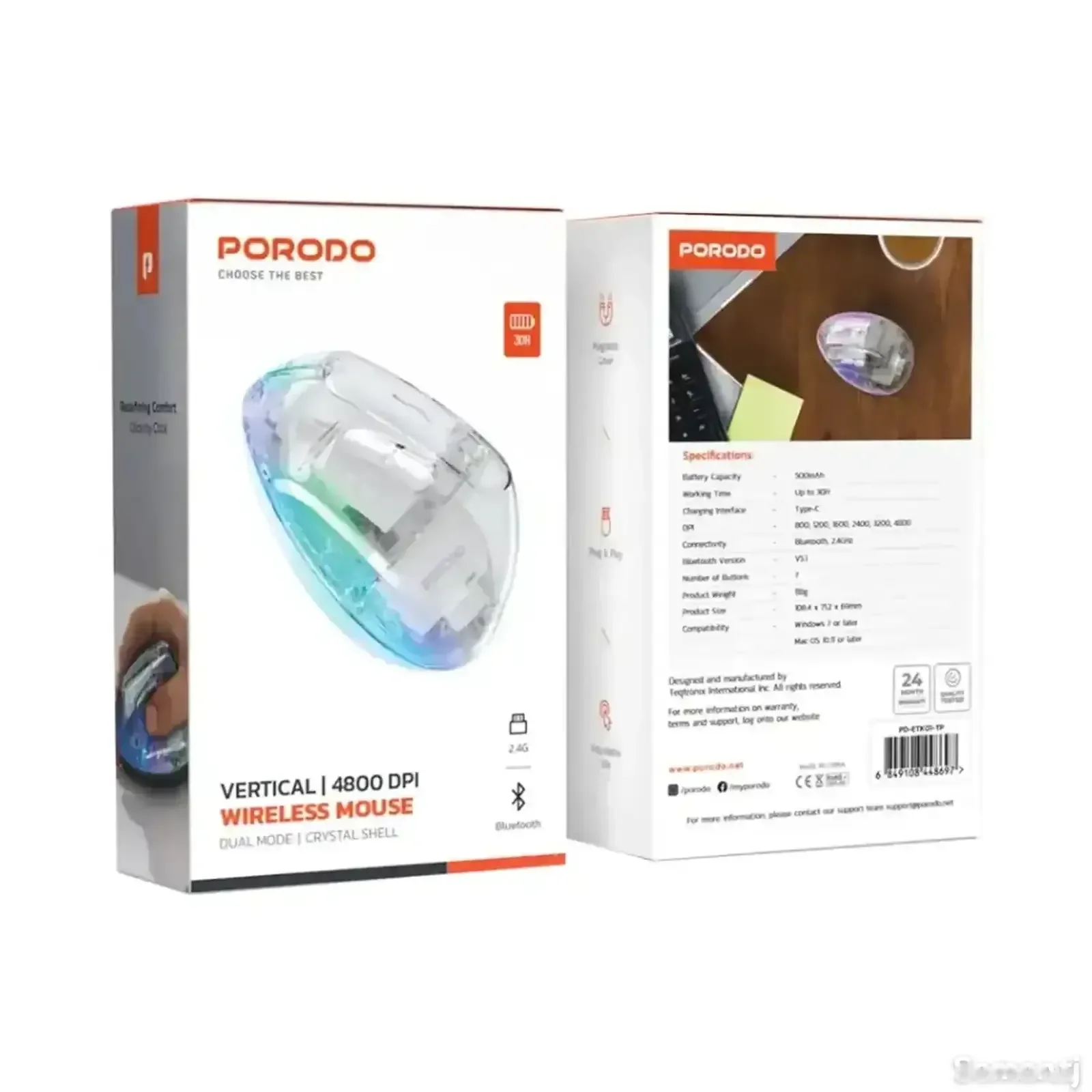 Мышь Porodo Vertical 4800 DPI Wireless Mouse Transparent