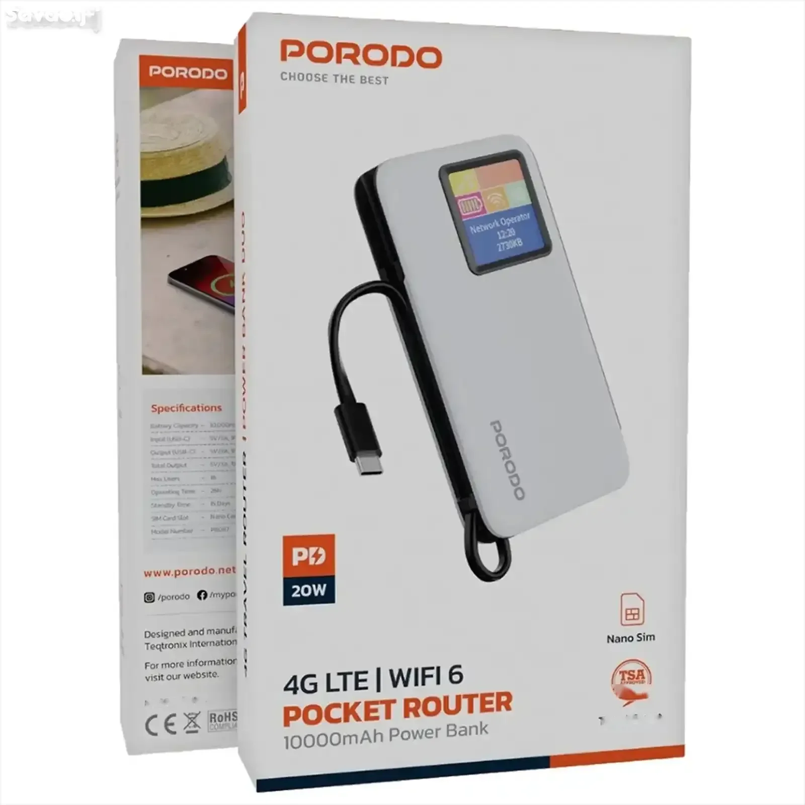 Карманный роутер с Power Bank Porodo 4G LTE | WiFi 6 Pocket Router with 10000mAh