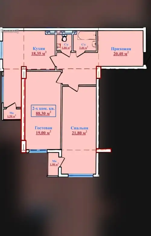 2-комн. квартира, 3 этаж, 88 м², И. Сомони