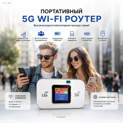 Портативный 5G Wi-Fi роутер с SIM-картой и аккумулятором 3000 мАч