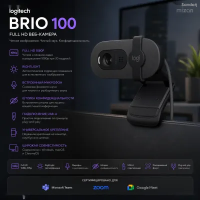 Веб-камера Logitech Brio 100 Full HD 1080p с микрофоном Graphite