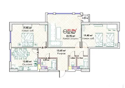 3-комн. квартира, 8 этаж, 101 м², Исмоили Сомони, Кольцевой Пивзавод