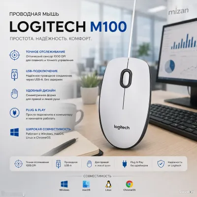 Проводная мышь Logitech M100 USB 1000 DPI White